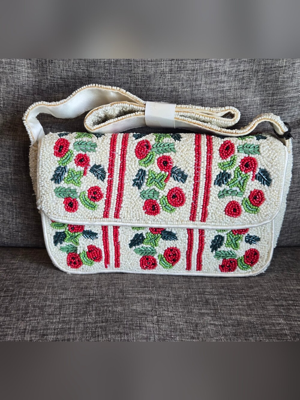 Rachel Zoe White Beaded Shoulder Bag with Red Floral Accents Christmas Holly
